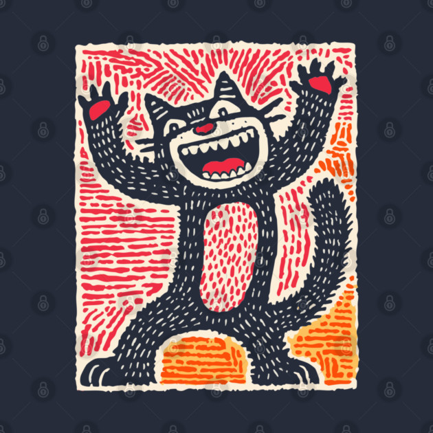 Manic Cat - Playful Linocut Feline by TuncGK