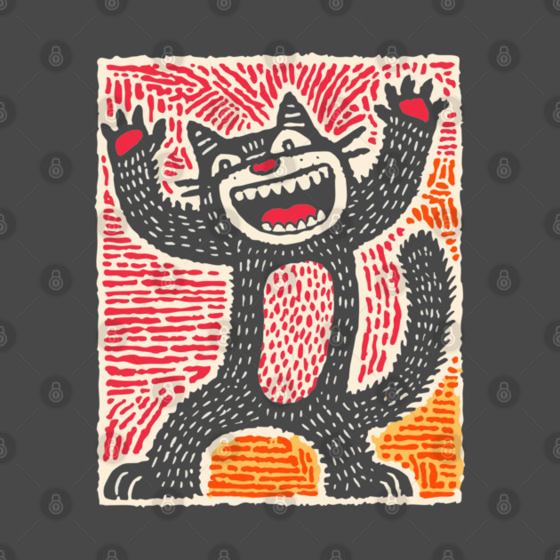 Manic Cat - Playful Linocut Feline by TuncGK