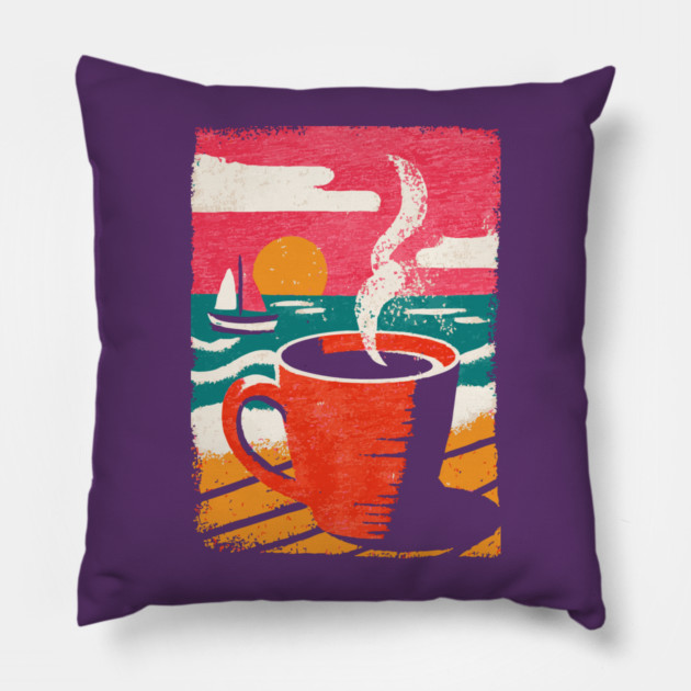 Sunrise Brew - Coffee by the Sea Pillow by TuncGK