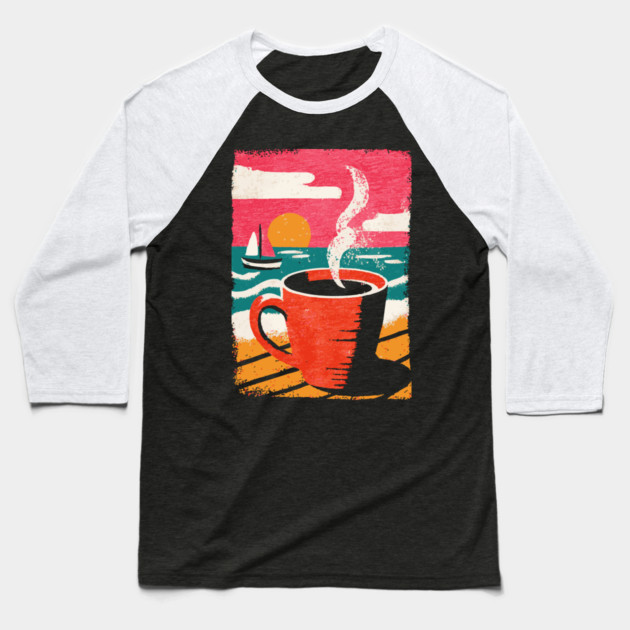 Sunrise Brew - Coffee by the Sea Baseball T-Shirt by TuncGK