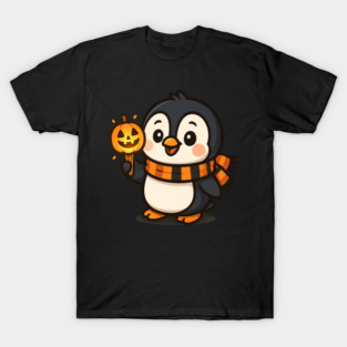 Festive Penguin Holding a Pumpkin Lantern T-Shirt