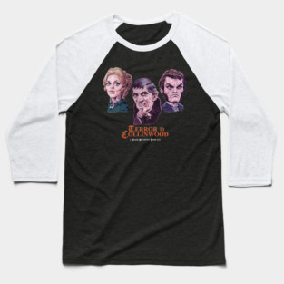 Trio of Terror - Barnabas, Angelique, Quentin by Paul Garner - TaC Logo on Front Baseball T-Shirt