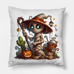 Mummy Scarecrow with Lantern and Pumpkins Halloween Pillow