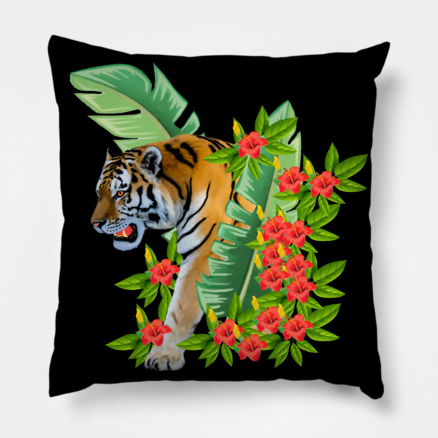 Tiger Tropical Cat Floral Palm Leaves Pillow by logiamerch