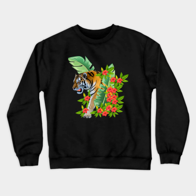 Tiger Tropical Cat Floral Palm Leaves Crewneck Sweatshirt by logiamerch