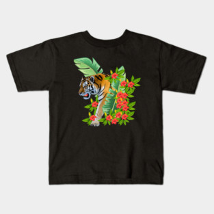 Tiger Tropical Cat Floral Palm Leaves Kids T-Shirt