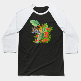 Tiger Tropical Cat Floral Palm Leaves Baseball T-Shirt