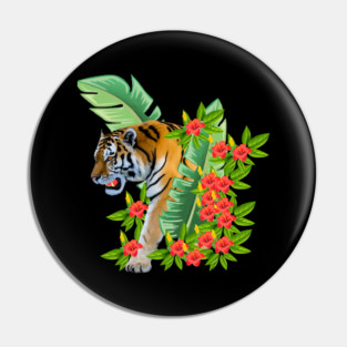 Tiger Tropical Cat Floral Palm Leaves Pin
