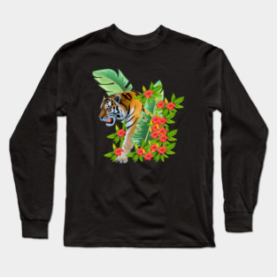 Tiger Tropical Cat Floral Palm Leaves Long Sleeve T-Shirt