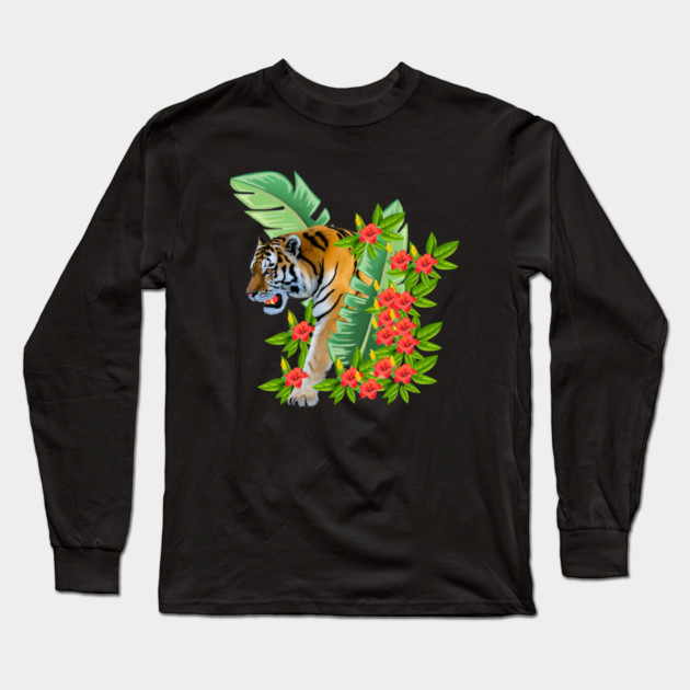Tiger Tropical Cat Floral Palm Leaves Long Sleeve T-Shirt by logiamerch
