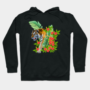 Tiger Tropical Cat Floral Palm Leaves Hoodie
