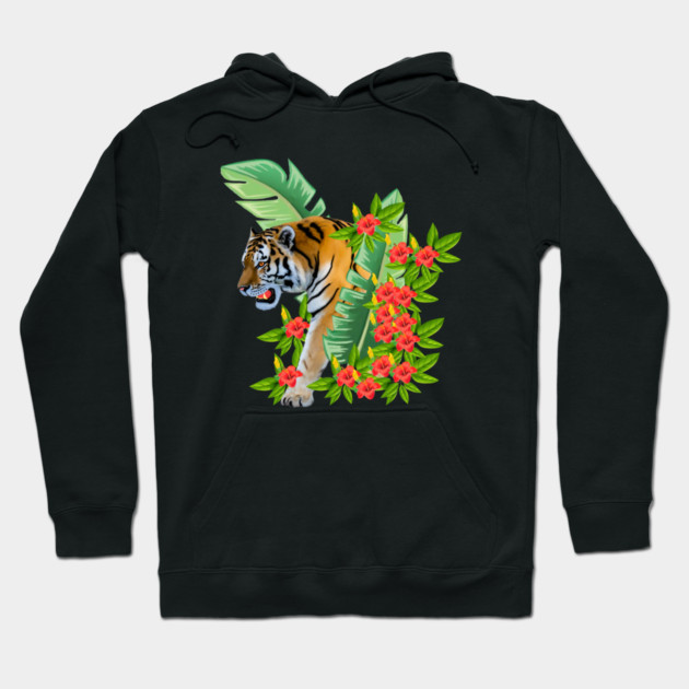 Tiger Tropical Cat Floral Palm Leaves Hoodie by logiamerch