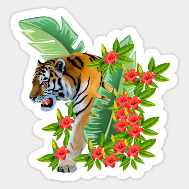 Tiger Tropical Cat Floral Palm Leaves Sticker by logiamerch