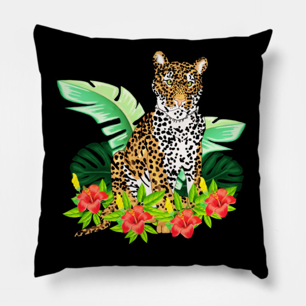 Jaguar Tropical Cat Floral South American Animal Pillow by logiamerch