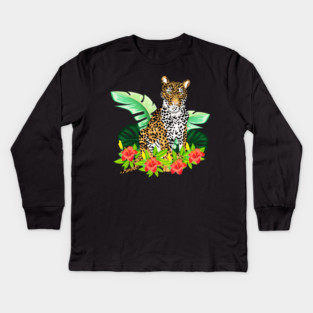 Jaguar Tropical Cat Floral South American Animal Kids Long Sleeve T-Shirt