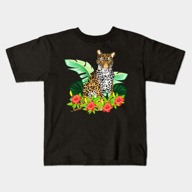 Jaguar Tropical Cat Floral South American Animal Kids T-Shirt by logiamerch
