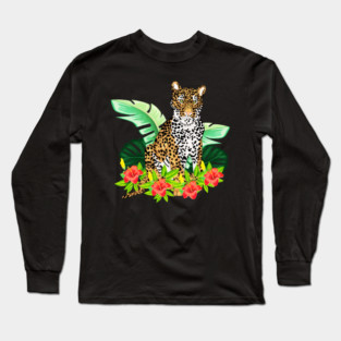 Jaguar Tropical Cat Floral South American Animal Long Sleeve T-Shirt
