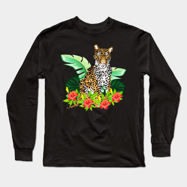 Jaguar Tropical Cat Floral South American Animal Long Sleeve T-Shirt by logiamerch