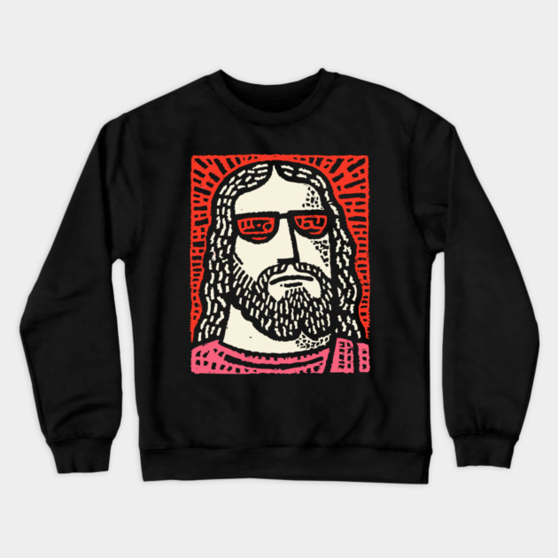 Sacred Cool - Linocut Hippie Jesus Crewneck Sweatshirt by TuncGK