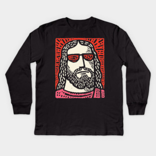 Sacred Cool - Linocut Hippie Jesus Kids Long Sleeve T-Shirt