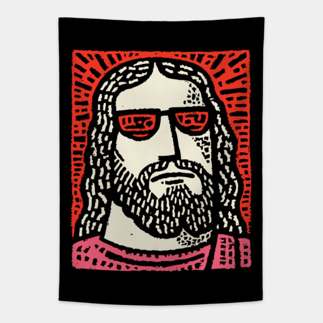 Sacred Cool - Linocut Hippie Jesus Tapestry by TuncGK