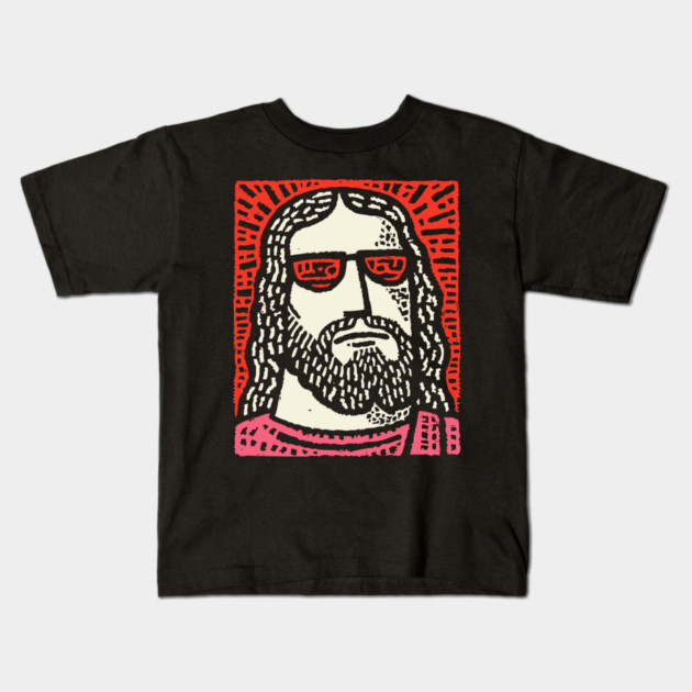 Sacred Cool - Linocut Hippie Jesus Kids T-Shirt by TuncGK