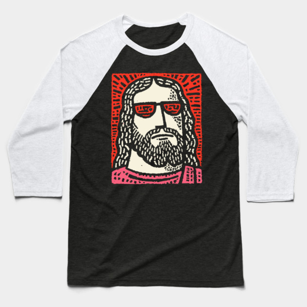 Sacred Cool - Linocut Hippie Jesus Baseball T-Shirt by TuncGK