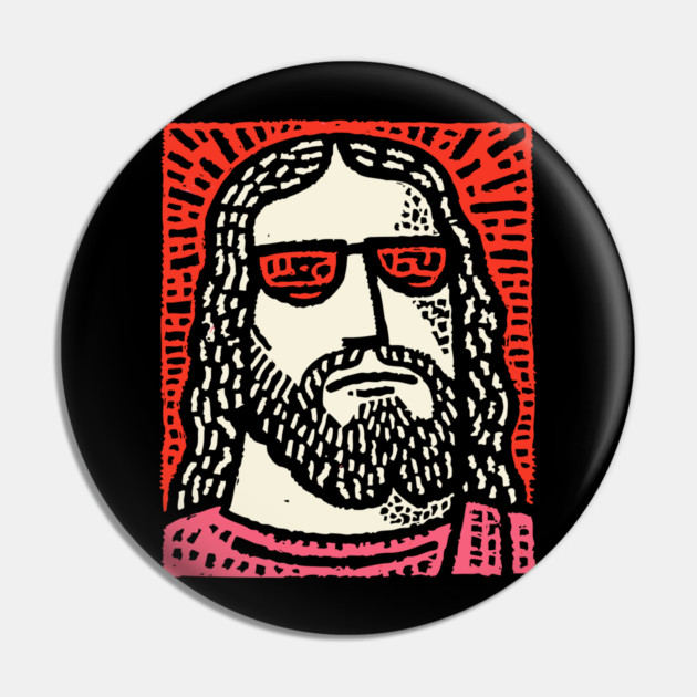 Sacred Cool - Linocut Hippie Jesus Pin by TuncGK