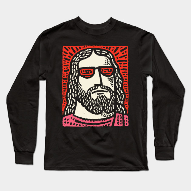 Sacred Cool - Linocut Hippie Jesus Long Sleeve T-Shirt by TuncGK