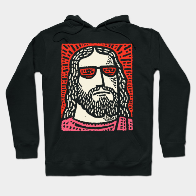 Sacred Cool - Linocut Hippie Jesus Hoodie by TuncGK