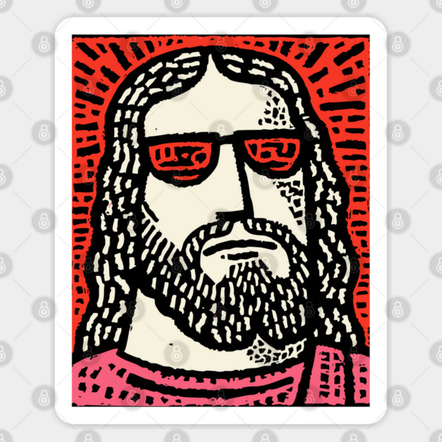 Sacred Cool - Linocut Hippie Jesus Sticker by TuncGK
