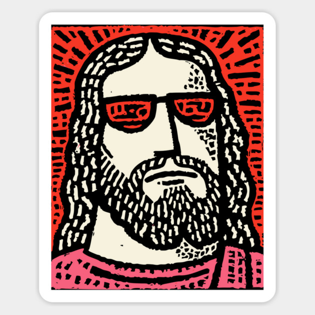 Sacred Cool - Linocut Hippie Jesus Magnet by TuncGK