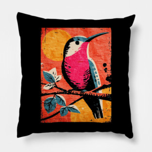 Nectar - Vibrant Hummingbird Linocut Pillow
