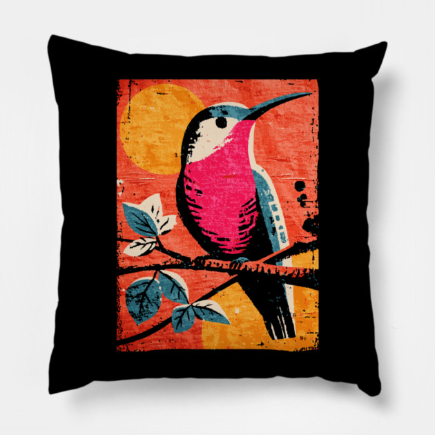 Nectar - Vibrant Hummingbird Linocut Pillow by TuncGK