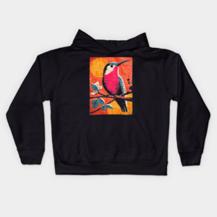 Nectar - Vibrant Hummingbird Linocut Kids Hoodie