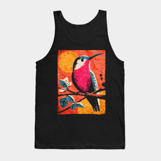 Nectar - Vibrant Hummingbird Linocut Tank Top by TuncGK