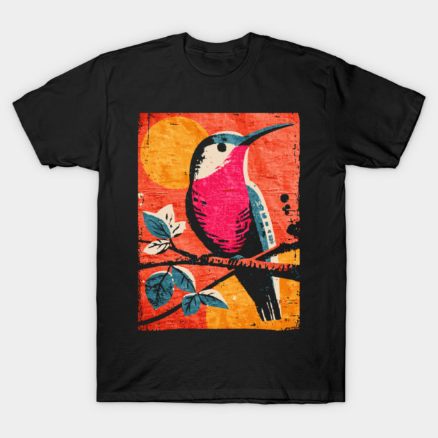 Nectar - Vibrant Hummingbird Linocut T-Shirt by TuncGK