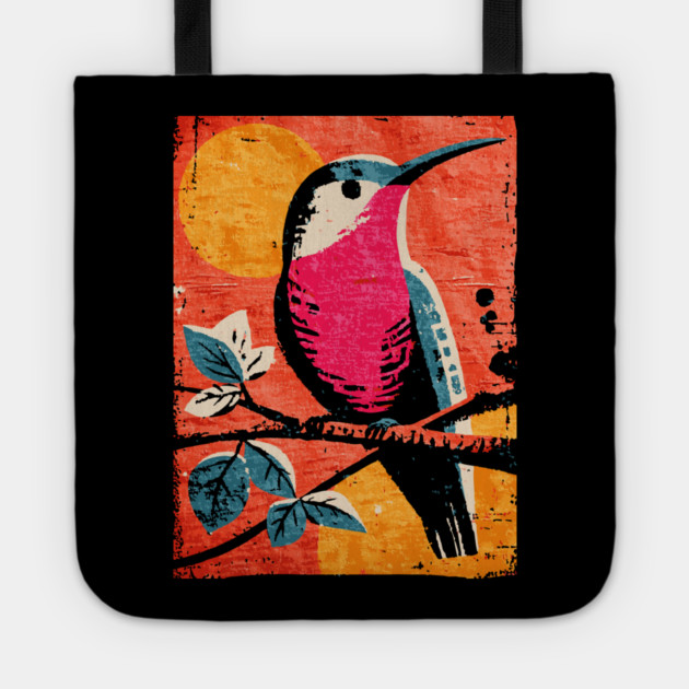Nectar - Vibrant Hummingbird Linocut Tote by TuncGK