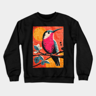 Nectar - Vibrant Hummingbird Linocut Crewneck Sweatshirt