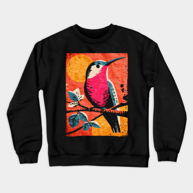 Nectar - Vibrant Hummingbird Linocut Crewneck Sweatshirt by TuncGK