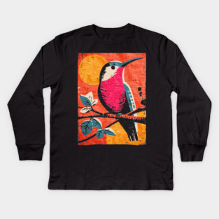 Nectar - Vibrant Hummingbird Linocut Kids Long Sleeve T-Shirt