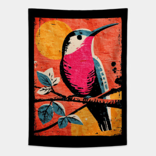 Nectar - Vibrant Hummingbird Linocut Tapestry