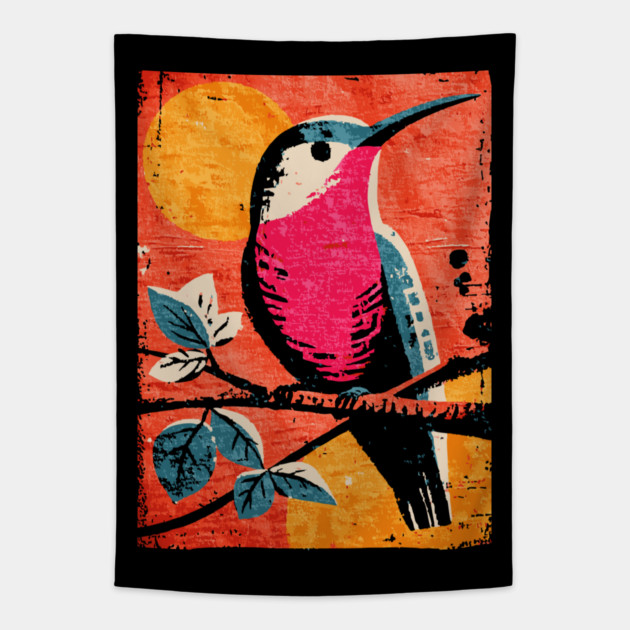 Nectar - Vibrant Hummingbird Linocut Tapestry by TuncGK