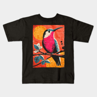 Nectar - Vibrant Hummingbird Linocut Kids T-Shirt