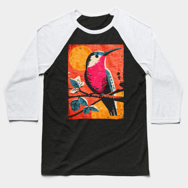 Nectar - Vibrant Hummingbird Linocut Baseball T-Shirt by TuncGK