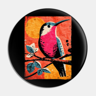 Nectar - Vibrant Hummingbird Linocut Pin