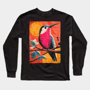 Nectar - Vibrant Hummingbird Linocut Long Sleeve T-Shirt