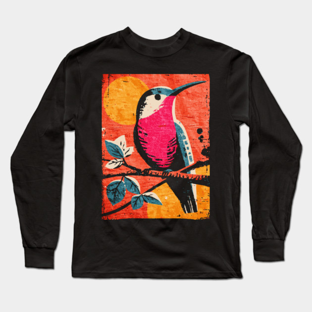 Nectar - Vibrant Hummingbird Linocut Long Sleeve T-Shirt by TuncGK