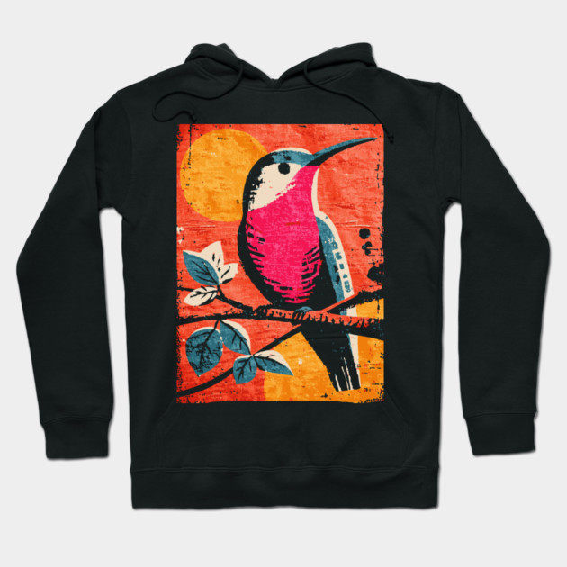 Nectar - Vibrant Hummingbird Linocut Hoodie by TuncGK