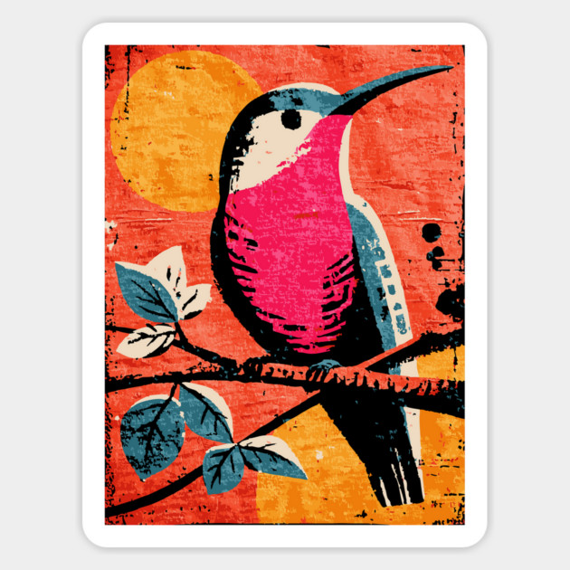 Nectar - Vibrant Hummingbird Linocut Magnet by TuncGK